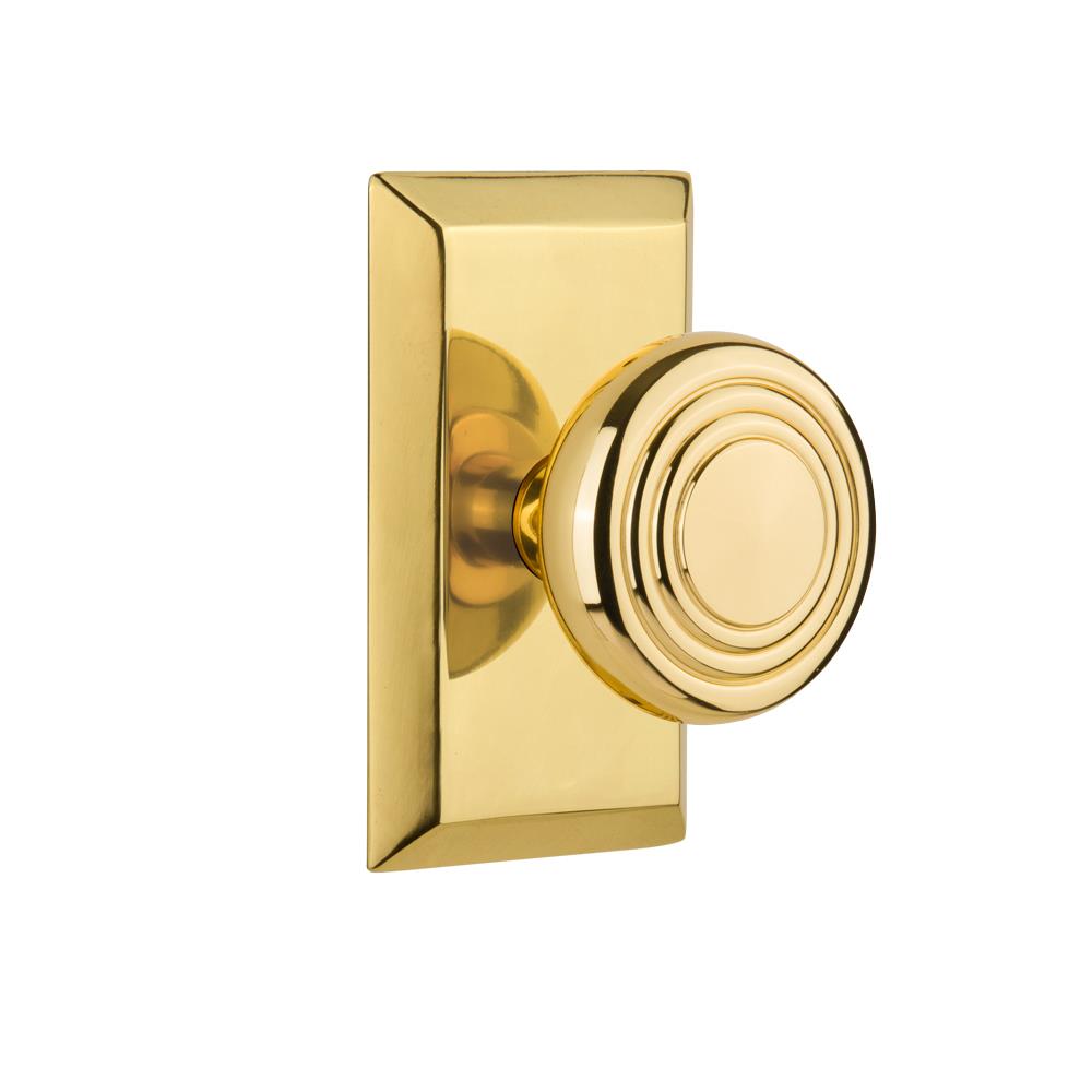 Nostalgic Warehouse STUDEC Complete Passage Set Without Keyhole Studio Plate with Deco Knob in Polished Brass
